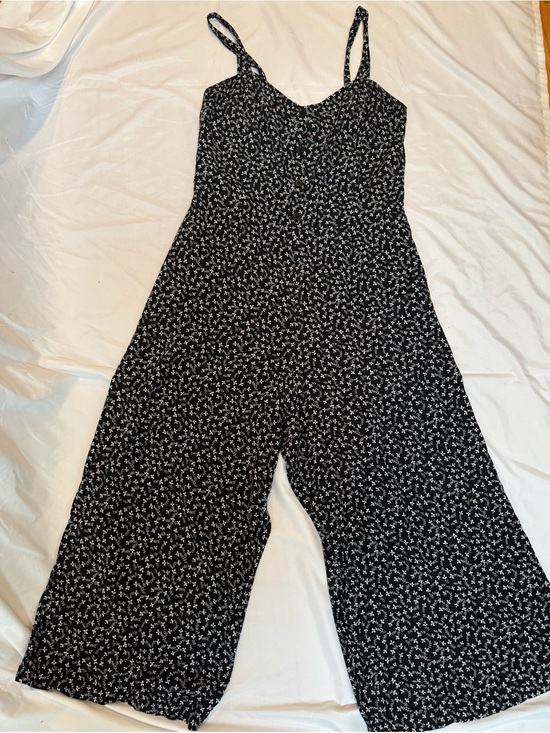 LOFT Pants - LOFT Black White Ditsy Floral Smocked Wide Leg‎ Jumpsuit Size L